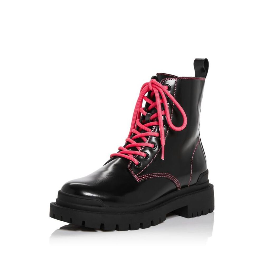 AQUA Womens Black Pull Tab Quinn Round Toe Block Heel Leather Combat Boots 6 M